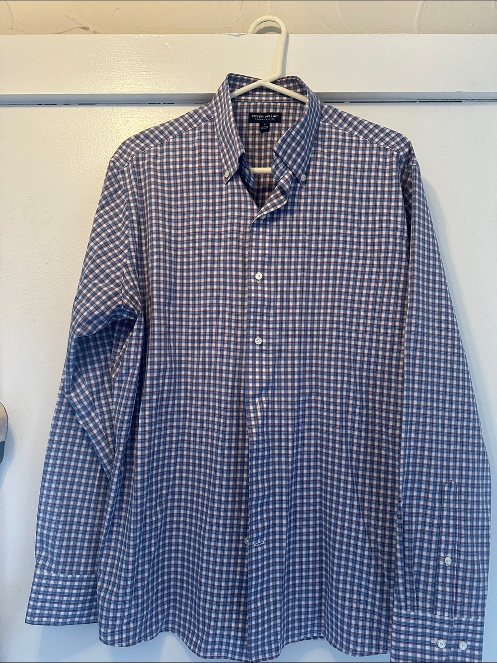 Peter Millar Navy and White Checked Button-Down Dress Shirt